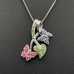 Sterling Silver Pink Green Purple Butterfly Leaf Colorful Pendant Necklace 925